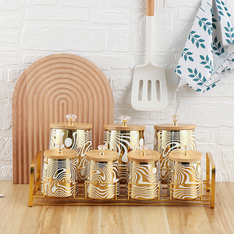 Coffee Tea Sugar Canister Set - Set of 7 Color Glazed Ceramic